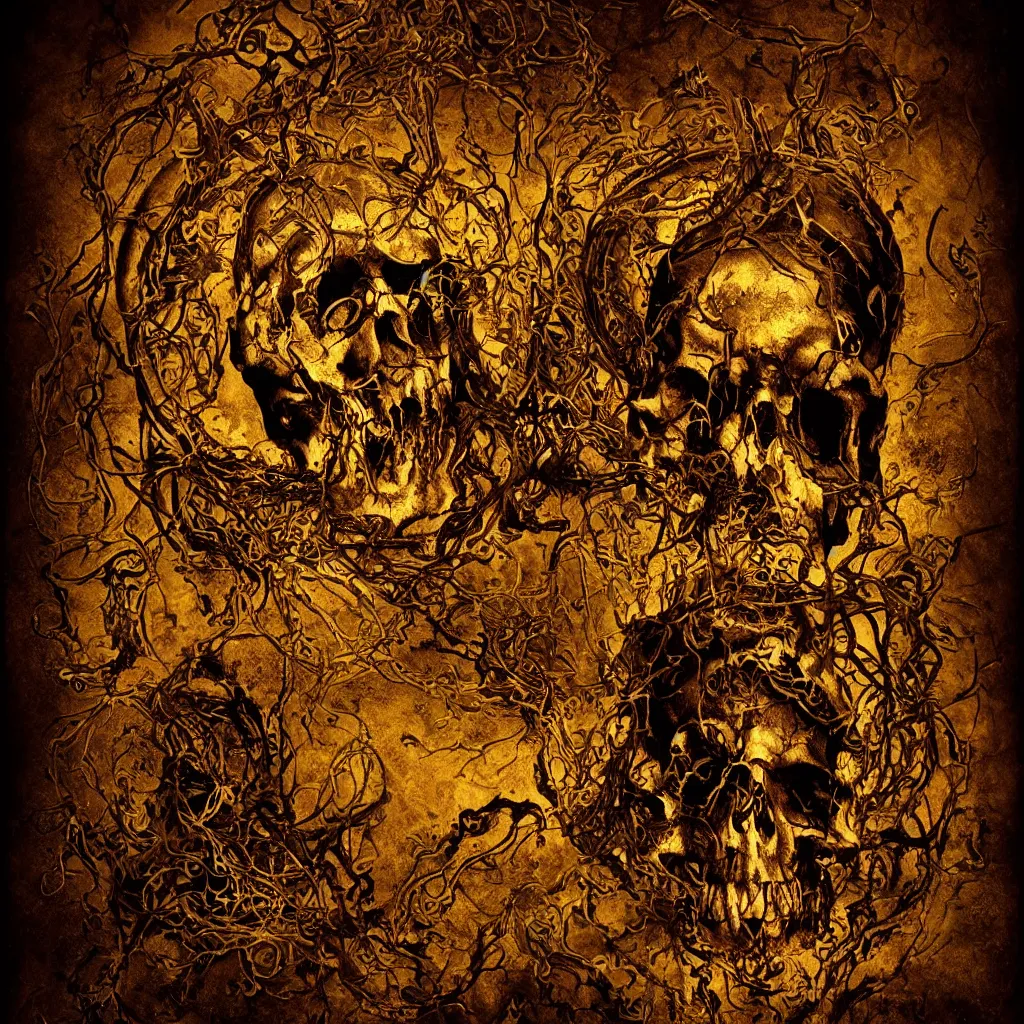 Image similar to ominous chiaroscuro baroque still life poster of a lonely golden runic skull intricately decorated with ancient runic inscriptions and prophecy engravings. dramatic ray of light, ultra detailed, unreal engine 5 by elden ring, billelis, ominous dark background. weirdcore ( lord of the rings : the return of the king 2 0 0 3 )