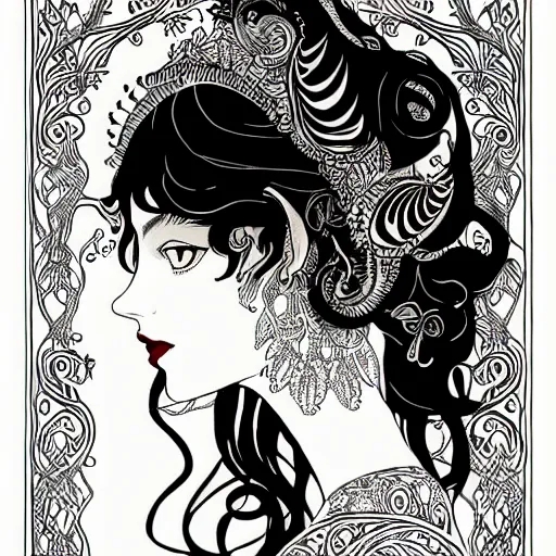 Image similar to filigree detailed illustration of a profile of gypsy girl with long curly hair and big goat horns on her head, aubrey beardsley, tomer hanuka, makoto shinkai
