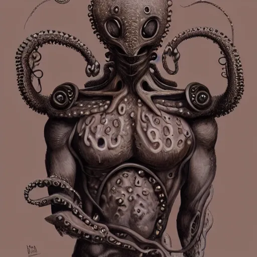 Prompt: torso portrait of a humanoid warrior with octopus head and tentacle arms, by Gerald Brom on Artstation