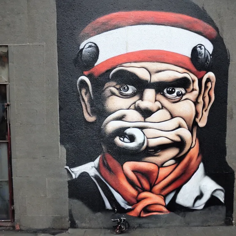 Image similar to Street-art portrait of Popeye the Sailor in style Banksy, photorealism