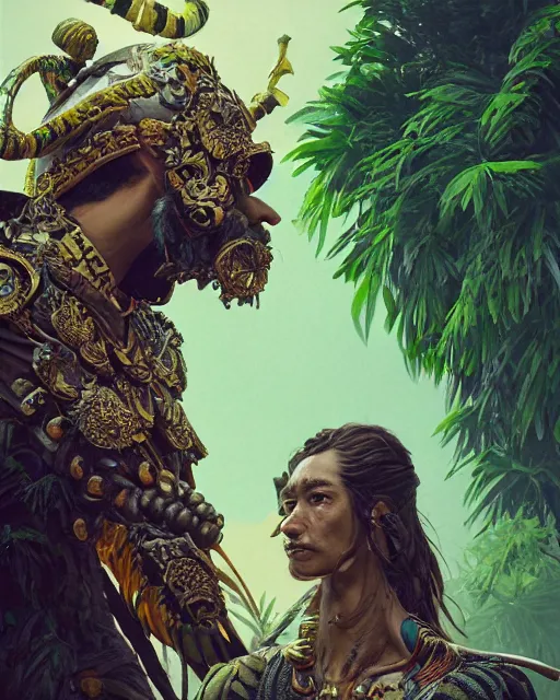 Prompt: detailed 3d render potrait of a conquistador wearing ornate armor in a jungle environment, art by nicola saviori and studio ghibli and greg rutkowski, studio ghibli color scheme, octane, cgsociety, intricate, cinematic lightning, symmetric, anatomy, face