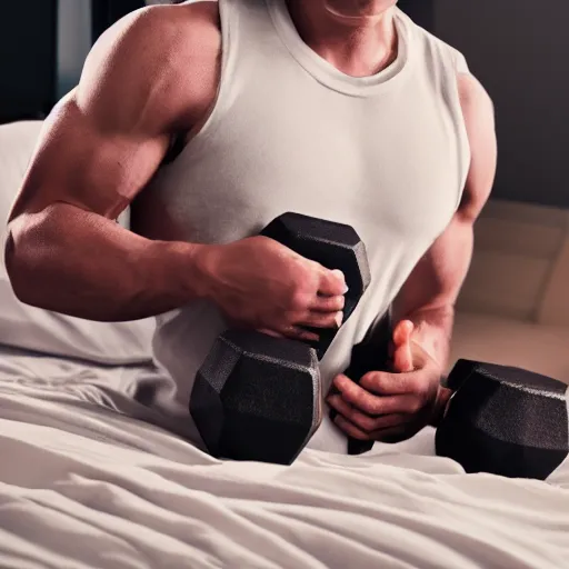 Image similar to a guy is asleep on on comfy bed , he his holding a dumbell in his hands. very detailed ,dramatic , octane render.