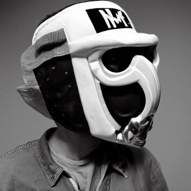 Image similar to Chaves El Chavo del Ocho wearing the MF Doom mask. a black and white photograph close-up studio portrait by Robert Mapplethorpe. Tri-x. Madvillain album cover