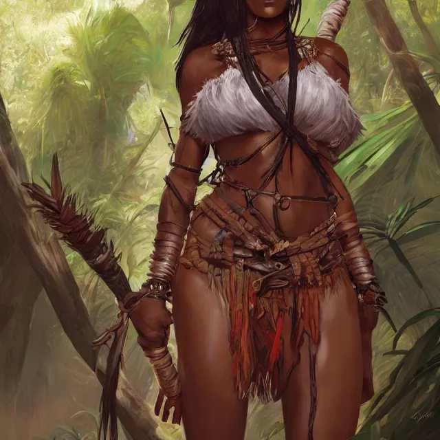 Image similar to a female tribal warrior in the jungle, african. By Makoto Shinkai, Stanley Artgerm Lau, WLOP, Rossdraws, James Jean, Andrei Riabovitchev, Marc Simonetti, krenz cushart, Sakimichan, trending on ArtStation, digital art.