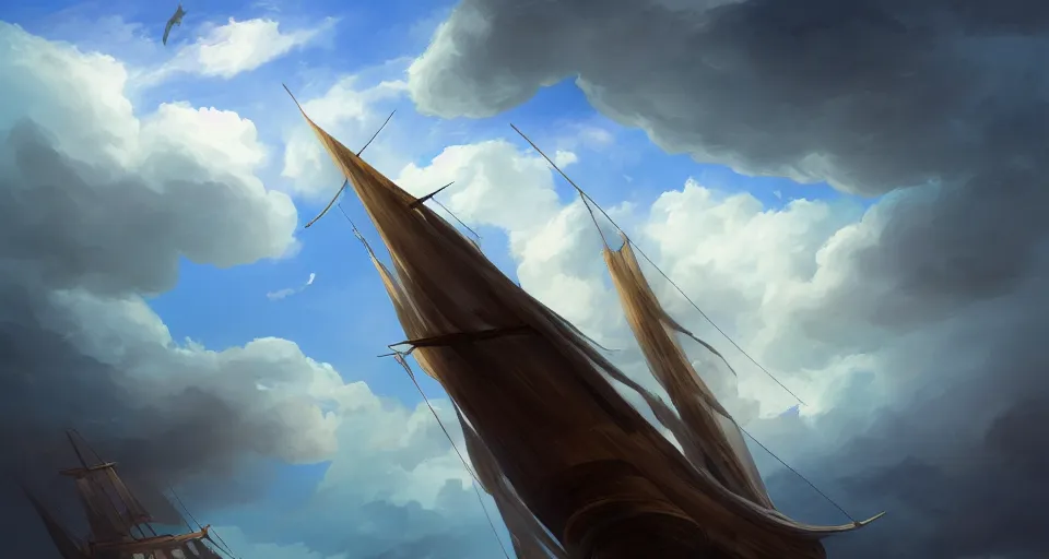 Image similar to a large wooden fantasy sky - ship with horizontal sails flying through the clouds with blue sky, andreas rocha style