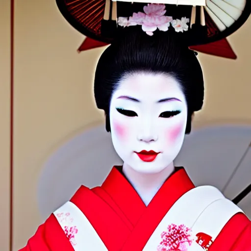 Prompt: gorgeous Japanese geisha, white makeup, red lips, kimono, full body, kyoto, high detail,