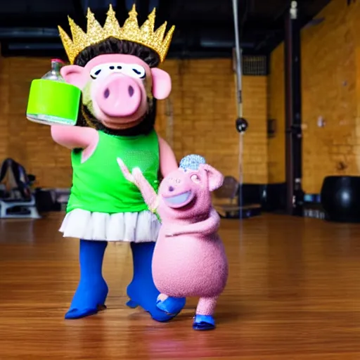 Prompt: pig working out wearing a gold crown as a Muppet holding a water bottle 8k