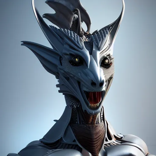 Image similar to bust of a beautiful majestic anthropomorphic humanoid robot female dragon, with smooth and streamlined armor, standing and posing elegantly, well detailed dragon head with epic LED eyes and a warm maw, sharp and dangerous sleek design, two arms, two legs, long tail, beautiful digital art, artstation, DeviantArt, FurAffinity, professional, octane render, sunset lighting