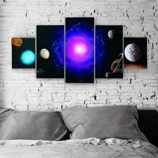 Prompt: elements of the cosmos collection on wall, multiverse astronauts standing below and beside multiverse portal