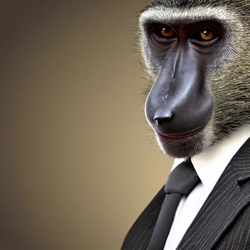 Prompt: baboon wearing a suit and tie, ready for a meeting, close portrait