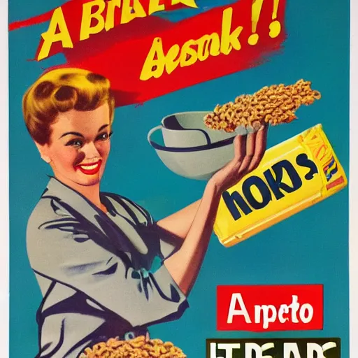 Image similar to an advertisement for a cereal meant to be eaten by snakes circa 1 9 5 0 s, art,