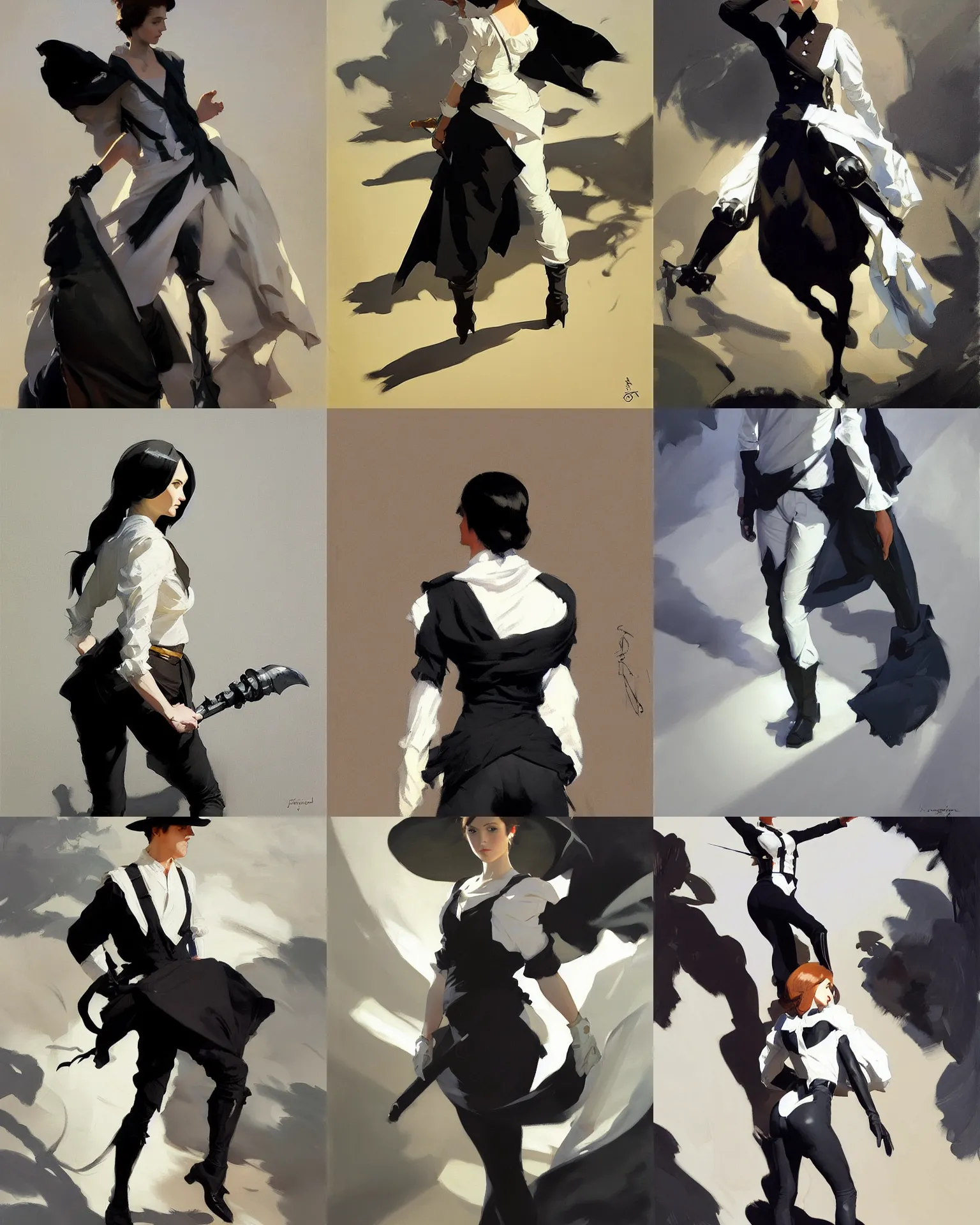 Image similar to black white cloth fabric jodhpurs greg manchess painting by sargent and leyendecker, studio ghibli, fantasy, medium shot, asymmetrical, intricate, elegant, matte painting, illustration, hearthstone, by greg rutkowski, by greg tocchini, by james gilleard, by joe fenton