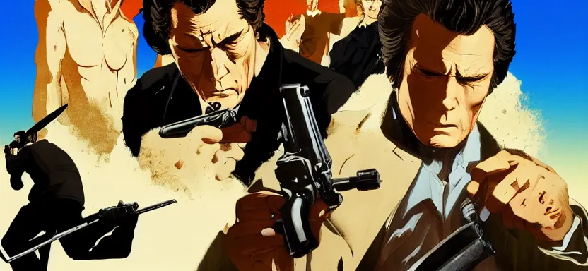 Prompt: dirty harry with a 4 4 magnum, digital painting masterpiece, by ilya kuvshinov, by frank frazetta, by mœbius, by reiq, by hayao miyazaki, intricate detail, beautiful brush strokes, advanced lighting technology, 4 k wallpaper, interesting character design, stylized yet realistic anatomy and faces, inspired by kill bill animated scene