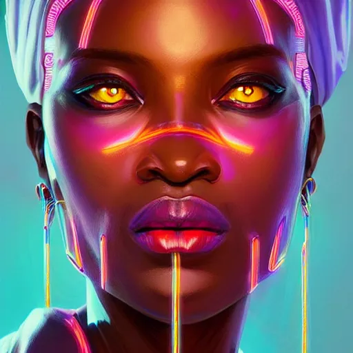 Image similar to african neon necromancer, science fiction, highly detailed, digital painting, beautiful eyes, symmetry, concept art, sharp focus, illustration, global illumination, radiant light, synthwave colors, detailed and intricate environment, art by artgerm and greg rutkowski and magali villeneuve and ilya kuvshinov!