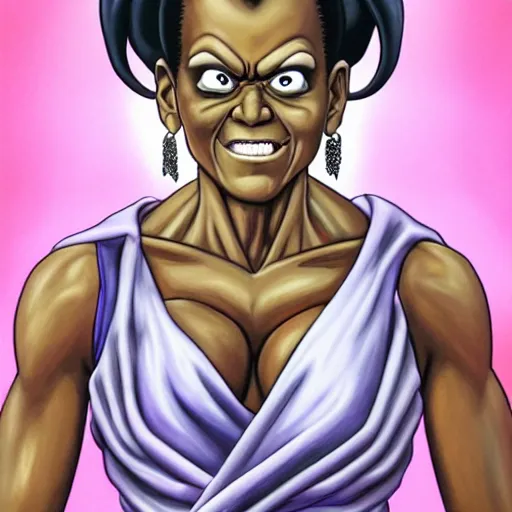 Image similar to ultra realistic portrait painting of michelle obama as frieza, art by akira toriyama, 4 k, dragon ball artstyle, cel shaded, highly detailed, epic lighting