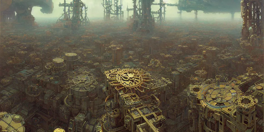 Image similar to giant interlocked gears cogs, giant geometric mechanisms structures floating in space, industry, villages castles, buildings vista artstation illustration sharp focus vista painted by ruan jia raymond swanland lawrence alma tadema zdzislaw beksinski norman rockwell tom lovell alex malveda greg staples