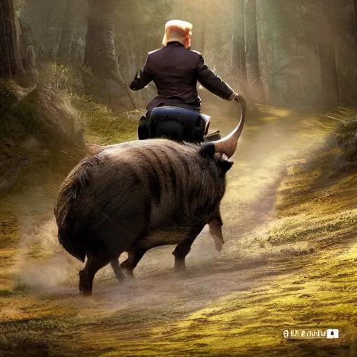 Image similar to donald trump riding a wild boar through the woods, digital art, highly detailed, cinematic lighting, epic composition