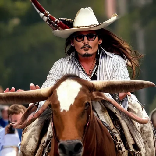 Prompt: Johnny Depp riding a bull, 8k ultra hd, hyper detailed