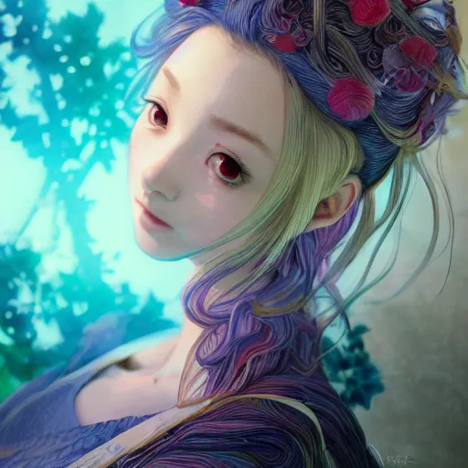 Image similar to the portrait of a blueberry that resembles an absurdly beautiful, graceful, elegant, sophisticated anime japanese girl, an ultrafine hyperdetailed illustration by kim jung gi, irakli nadar, intricate linework, bright colors, octopath traveler, final fantasy, unreal engine 5 highly rendered, global illumination, radiant light, detailed and intricate environment