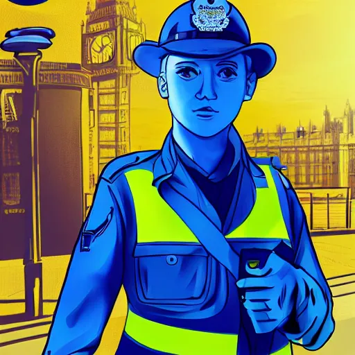 Prompt: A British police officer in London, wearing hivis and blue rubber gloves, anime art style, highly detailed, ambient lighting