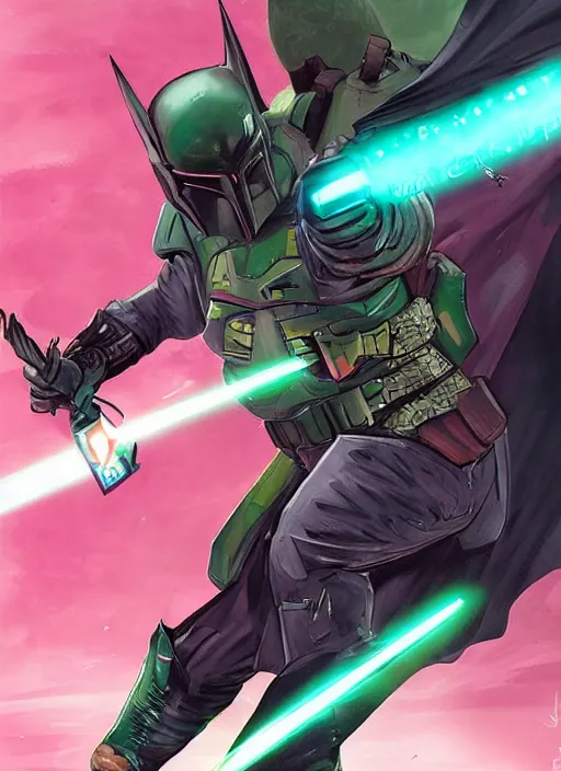 Image similar to batman x boba fett, digital art, character mashup, epic lighting, combination art