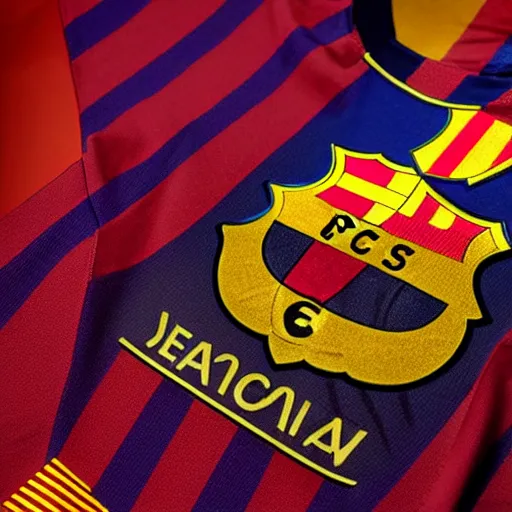 Prompt: FC Barcelona soccer jersey, realistic, 4k, uhd, real life