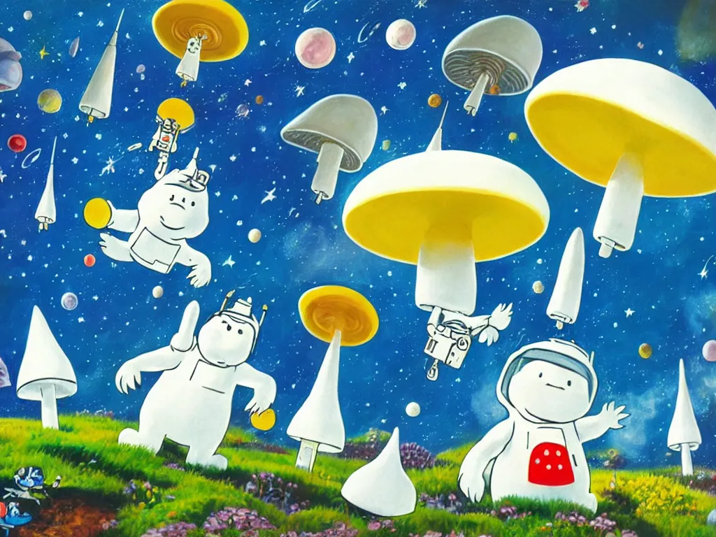 Image similar to moomins in space suits flying around with jetpacks discovering the mushroom planet, photorealistic painting, cgi, low light