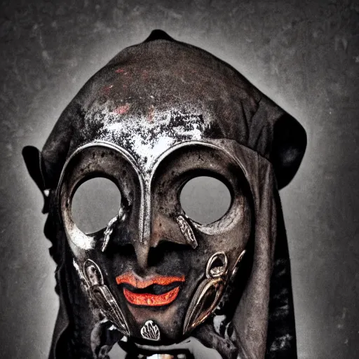 Prompt: extra wide view. a dark ancient mask of a jester barron. worn out photograph. gothic steampunk. symmetric. epic