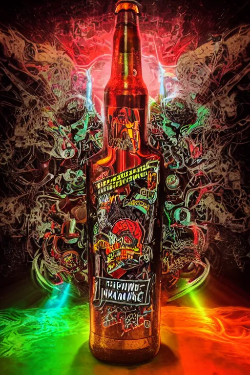 Image similar to photo of a beerbottle, band merchandise, bandname is tripmachine, tourname is invasion of the tripmachines, realistic digital art, label is printed with a 3 d render of a huge futuristic steampunk generator, 8 k, fluorescent colors, halluzinogenic, multicolored, exaggerated detailed, unreal engine