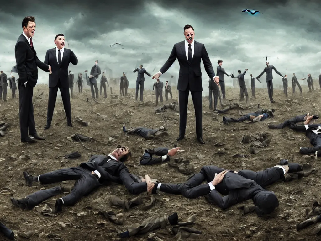 Image similar to one Comedian in suit and tie performing in a battle-field with dead bodies on the ground, comedian is funny, performing to dead soldiers, nuclear bomb in far horizon, apocalypse, trending on artstation, single man in suit, artstationHD, hyperdetailed matte painting, highly detailed, digital painting, hyper-realistic, realistic, photo-realistic