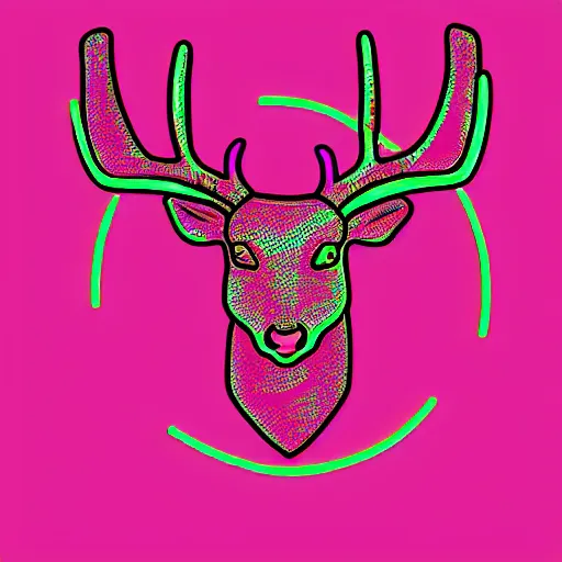 Prompt: logo for corporation that involves deer head, symmetrical, retro pink synthwave style, retro sci fi, neon