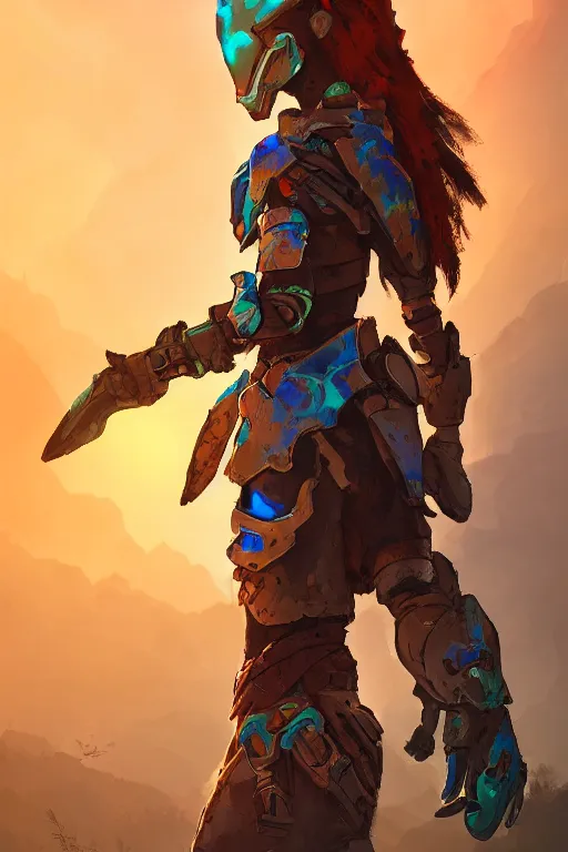 Image similar to combination suit armor aloy horizon forbidden west horizon zero dawn radiating a glowing aura global illumination ray tracing hdr fanart arstation by ian pesty and alena aenami artworks in 4 k tribal robot ninja mask helmet backpack