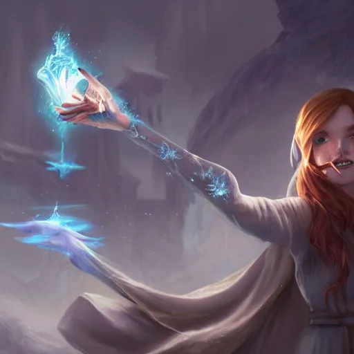 Prompt: Ice mage casting a spell, matte painting by Artgerm, 4K