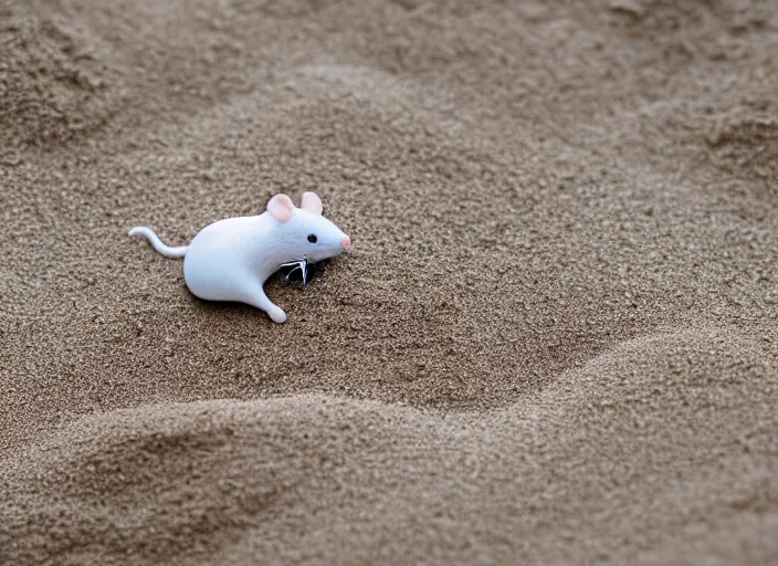 Prompt: dslr photo still of a little white mouse inside an intricate sand castle on wet sand in a bright sunny day, 8 k, 8 5 mm f 1. 4