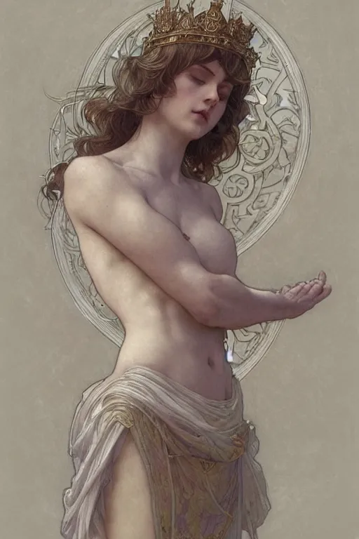 Image similar to a full body portrait of a beautiful ethereal delicate roman mage queen meditative sacral pose catholic stages of the cross, intricate, elegant, highly detailed, digital painting, artstation, concept art, smooth, sharp focus, illustration, art by krenz cushart and artem demura and alphonse mucha