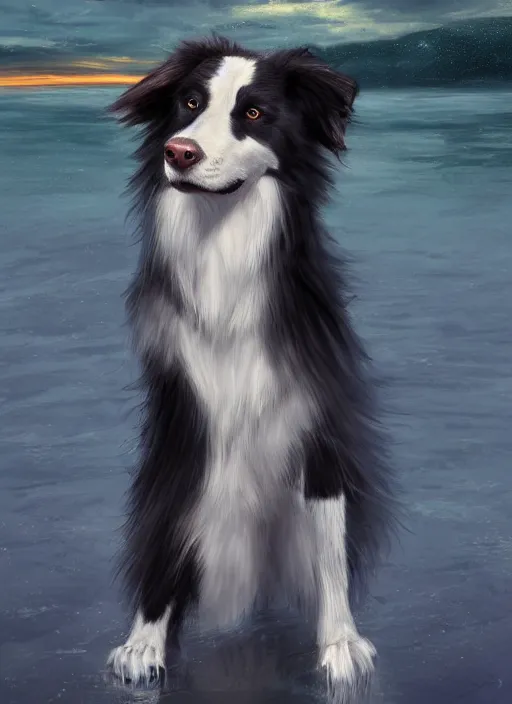 Image similar to wide angle beautiful full body portrait of a strong male anthropomorphic anthro border collie fursona in an evening gown on a pier on a lake at night, character design by charlie bowater, henry asencio, and ross tran, disney, detailed, aesthetic, trending on artstation, furaffinity, deviantart