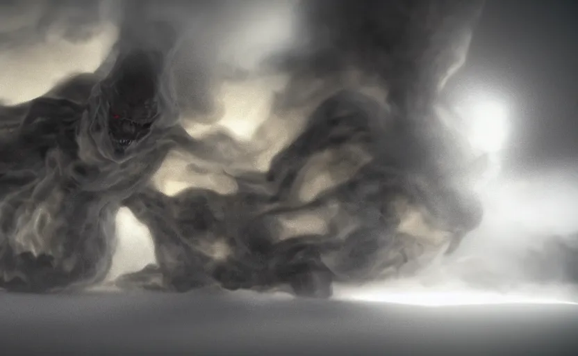 Prompt: A demonic spirit forming from black smoke, CGI, volumetric smoke, particle sim, siggraph