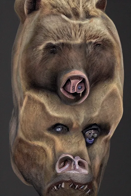 Image similar to half man half bear half pig, dark fantasy, painted by zdizslaw beksinsky and H.R. Giger, trending on artstation,