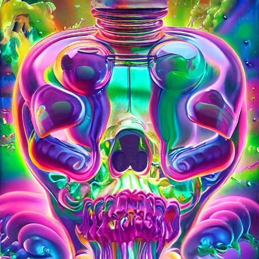 Image similar to jelly rococo gel skeleton vaping plasma and colorful auras, liquid, drippy, splashing, scifi 3 d paint spray by beeple, fernando botero, jeff koons, ivan shishkin, m. c. escher