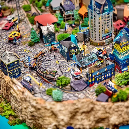 Image similar to a large scale minicity diorama on a table, 3 5 mm, shallow depth of field, diorama, 4 k