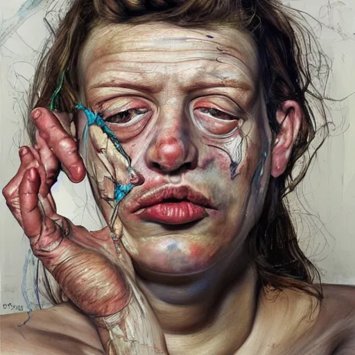 Image similar to high quality high detail painting by lucian freud and jenny saville, hd, hysteric face, turquoise