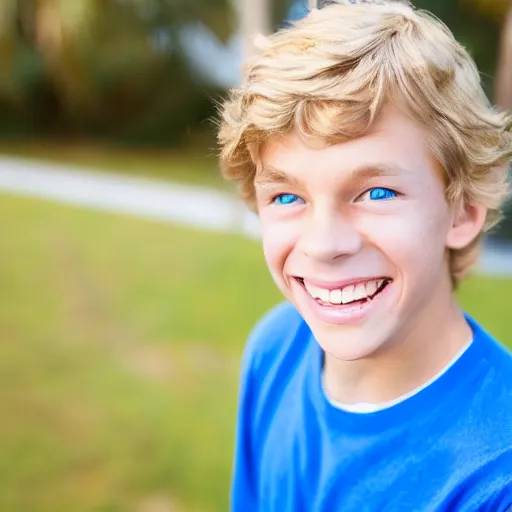 Prompt: a beautiful 1 1 yo boy from florida, blond, joyfully smiling at the camera, blue eyes. healthy