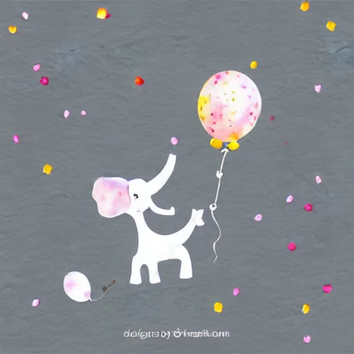 Prompt: watercolor gray baby elephant with trunk up in air and confetti flying in air, white background, blank background