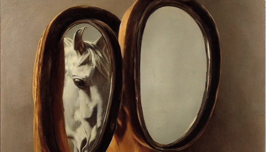 Image similar to painting by borremans, horse in front of the mirror, detailed, stunning