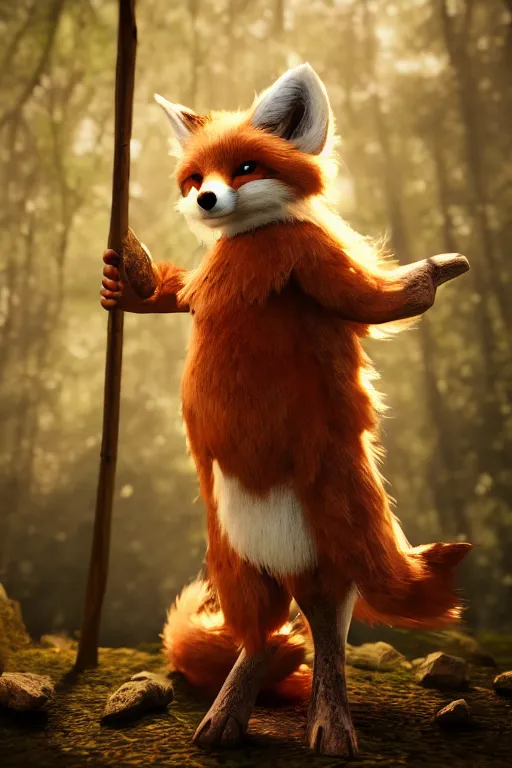 Prompt: a medieval anthropomorphic fox with a fluffy tail in a forest, backlighting, cgi, rendered in unreal engine, trending on artstation