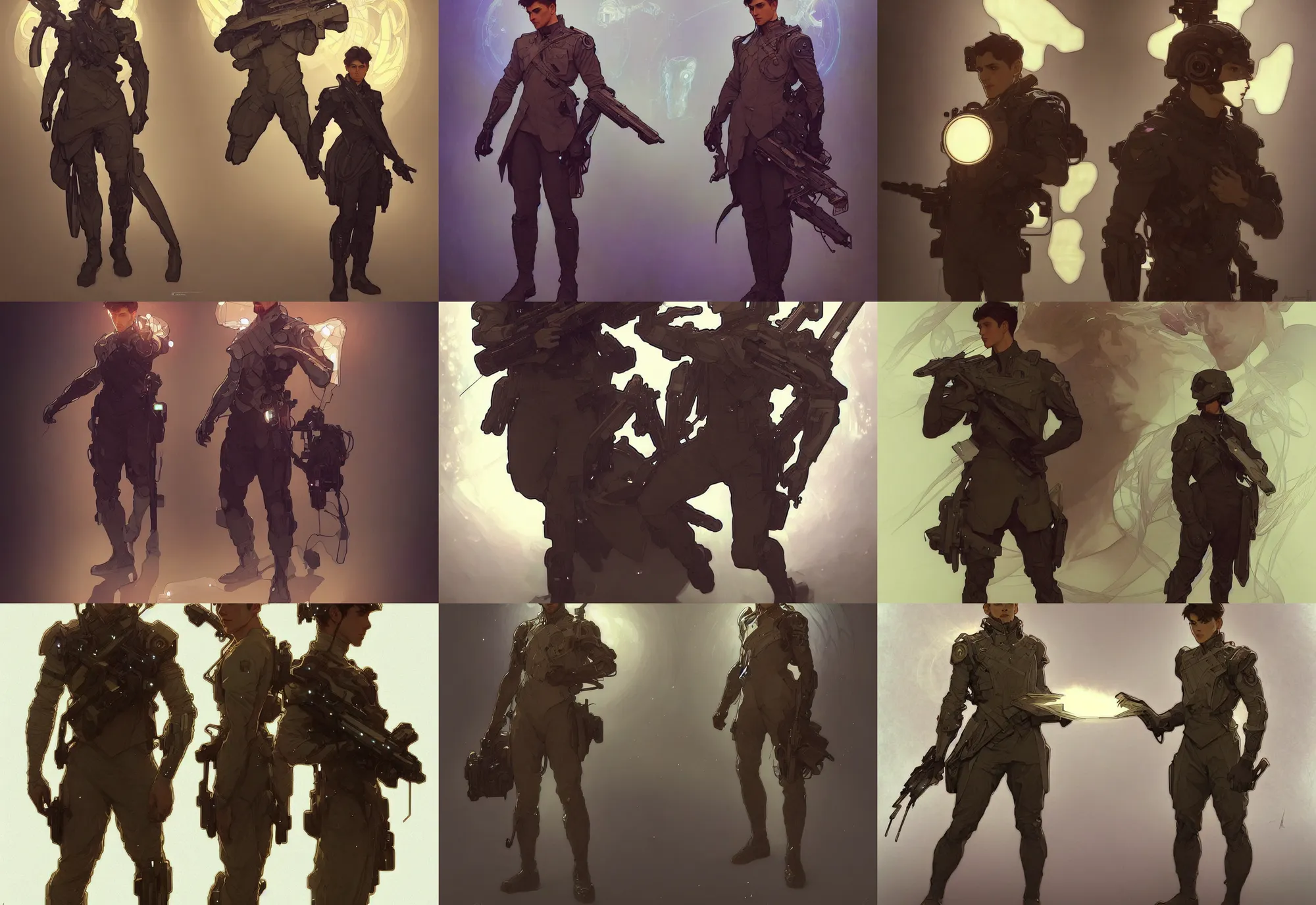 Image similar to a digital concept ar by artgerm and greg rutkowski and alphonse mucha. full body!! t pose!! clear portrait of a lonely attractive men in uniform!! future military, sci - fi weapon, light effect. hyper detailed, character concept, glowing lights!! intricate, elegant, digital painting, artstation, smooth, sharp focus