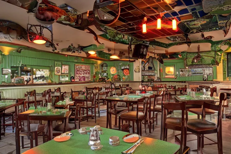 Image similar to 1 9 9 2 frog themed diner, tables repeat into the horizon, frogcore, one point perspective, americana, restaurant interior photography, 5 5 mm