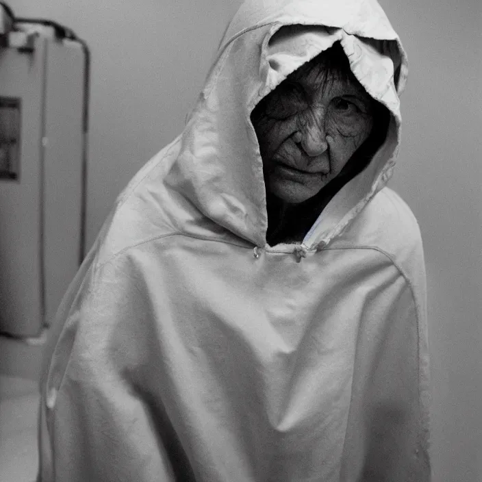 Prompt: a woman wearing a hood made of wire and plastic, in a laundry mat, color photograph, by paula rego, canon eos c 3 0 0, ƒ 1. 8, 3 5 mm, 8 k, medium - format print