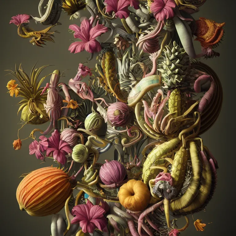 Image similar to still life of surreal alien pastel tropical flowers, surreal alien ribbed tropical fruit, white human spine, baroque painting, beautiful detailed intricate insanely detailed octane render, 8K artistic photography, photorealistic, chiaroscuro, Raphael, Caravaggio