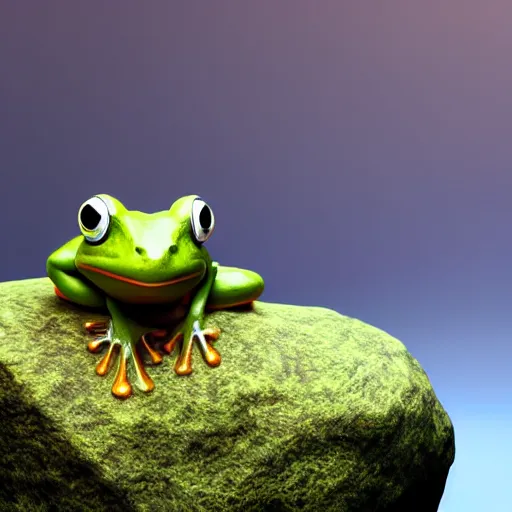 Image similar to a cute little frog sitting on a rock in the middle of a forest lake, isometric minimalist 3d render, unreal engine 5